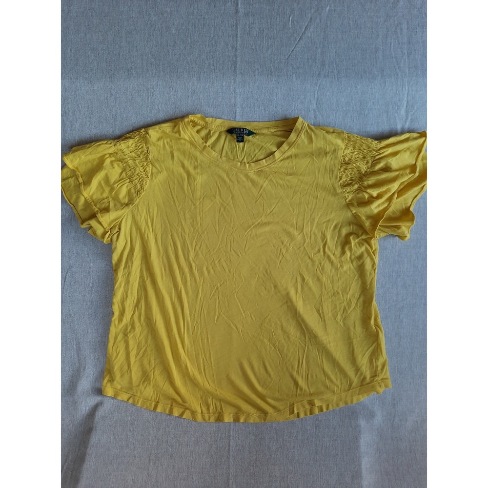 Lauren Ralph Lauren Womens Stretch Top Blouse Flutter Short Sleeve Cotton Yellow